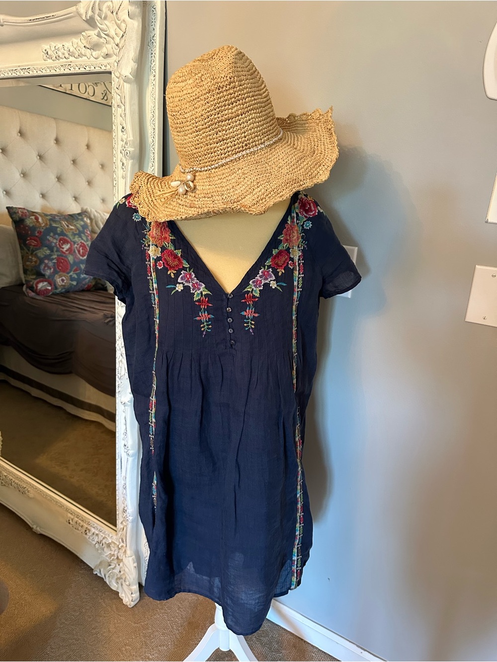 Johnny Was Navy Floral Embroidered V-Neck Tunic Dress